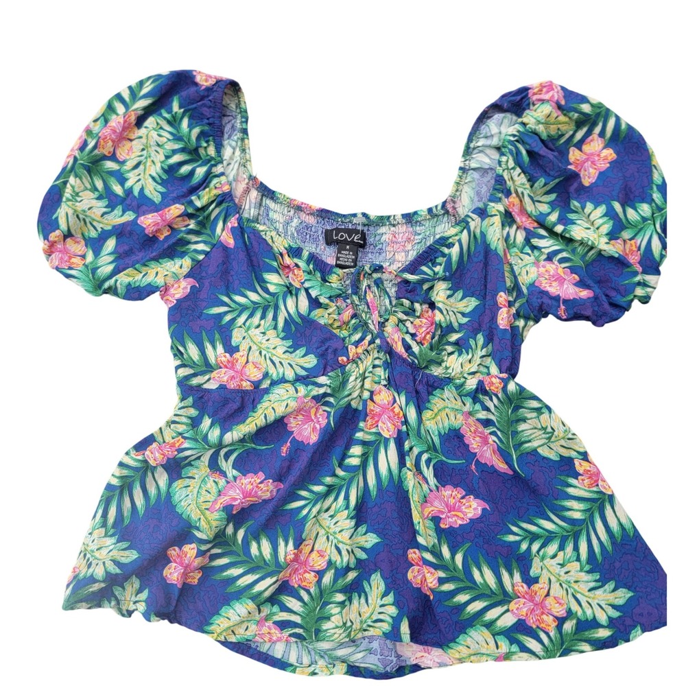 Love Tropical Hibiscus Floral Puff Sleeve Tie Front Smocked Back Top Blue Medium